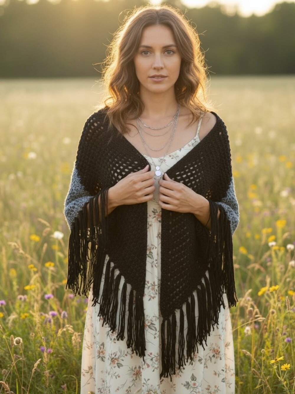 NEW Black Gray Colorblock Hand Knitted Shawl Wrap Scarf Boho Hippie Whimsigoth